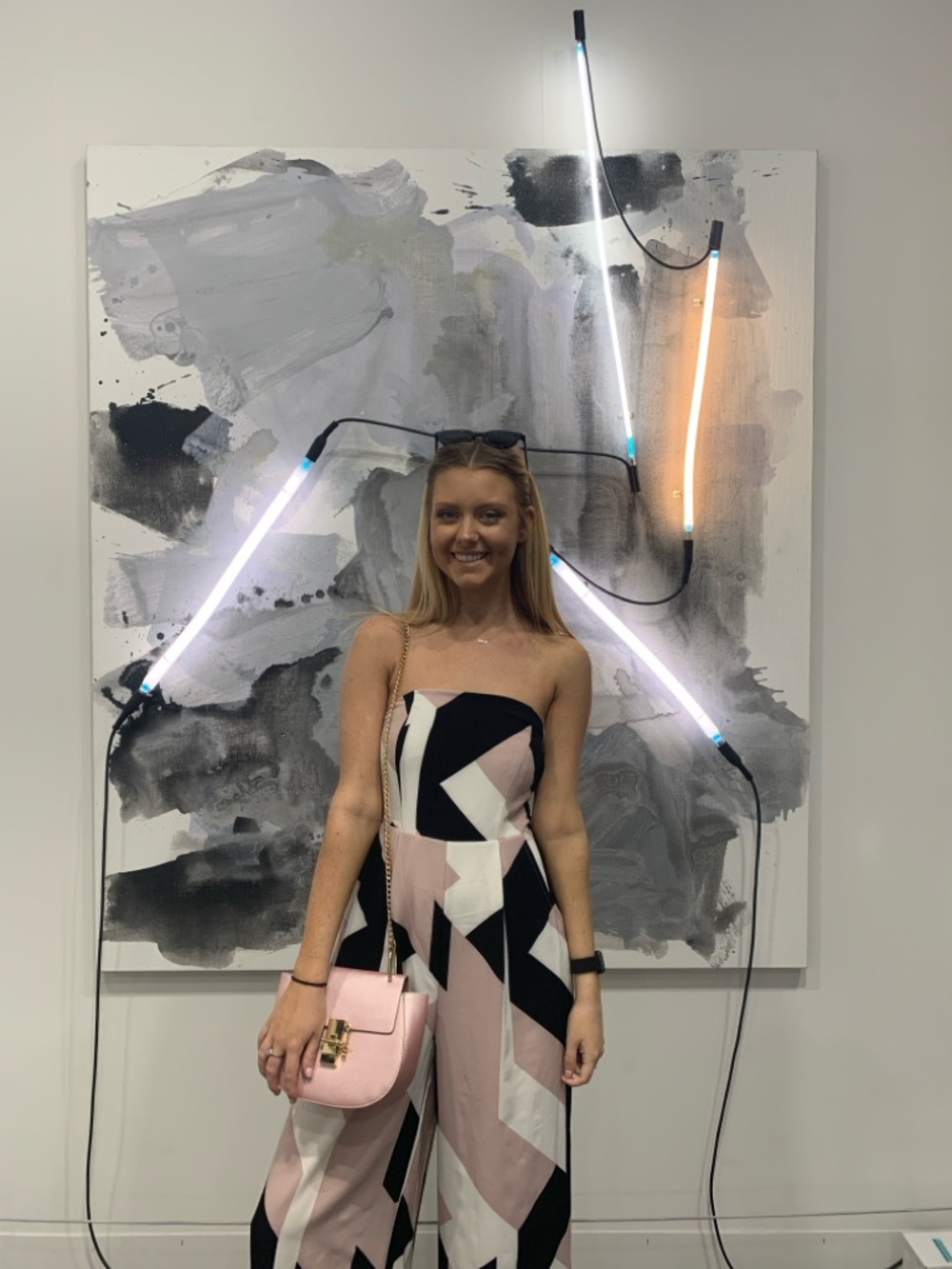 Geometric Print Strapless Jumpsuit in Blush, Black & White